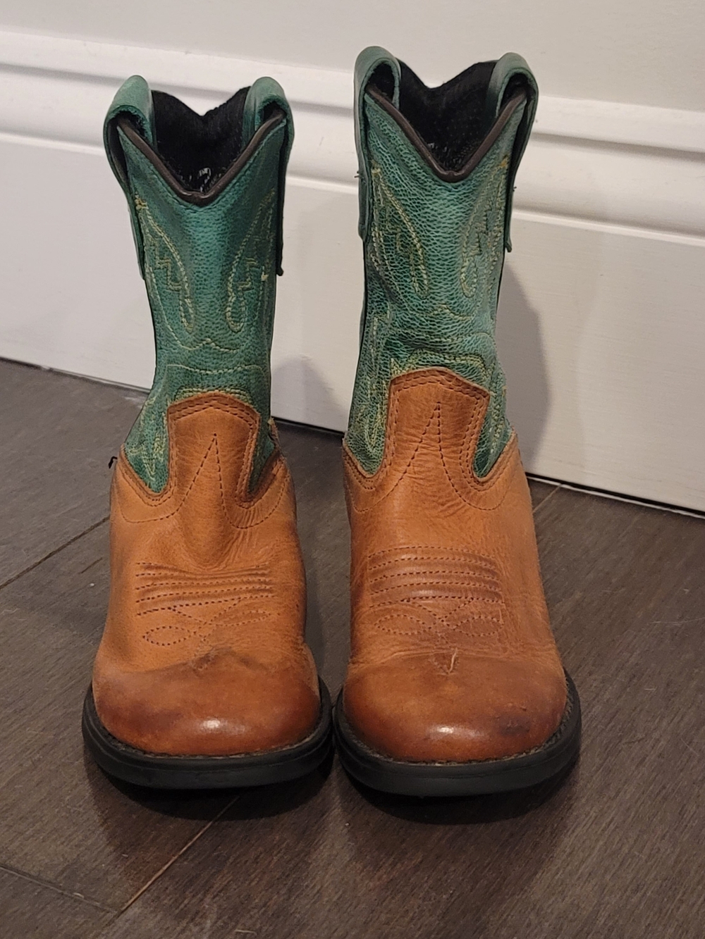 OLD WEST 1905 Leather Cowboy Pull On Boots Green and Brown Toddler Size 8.5 / 9
